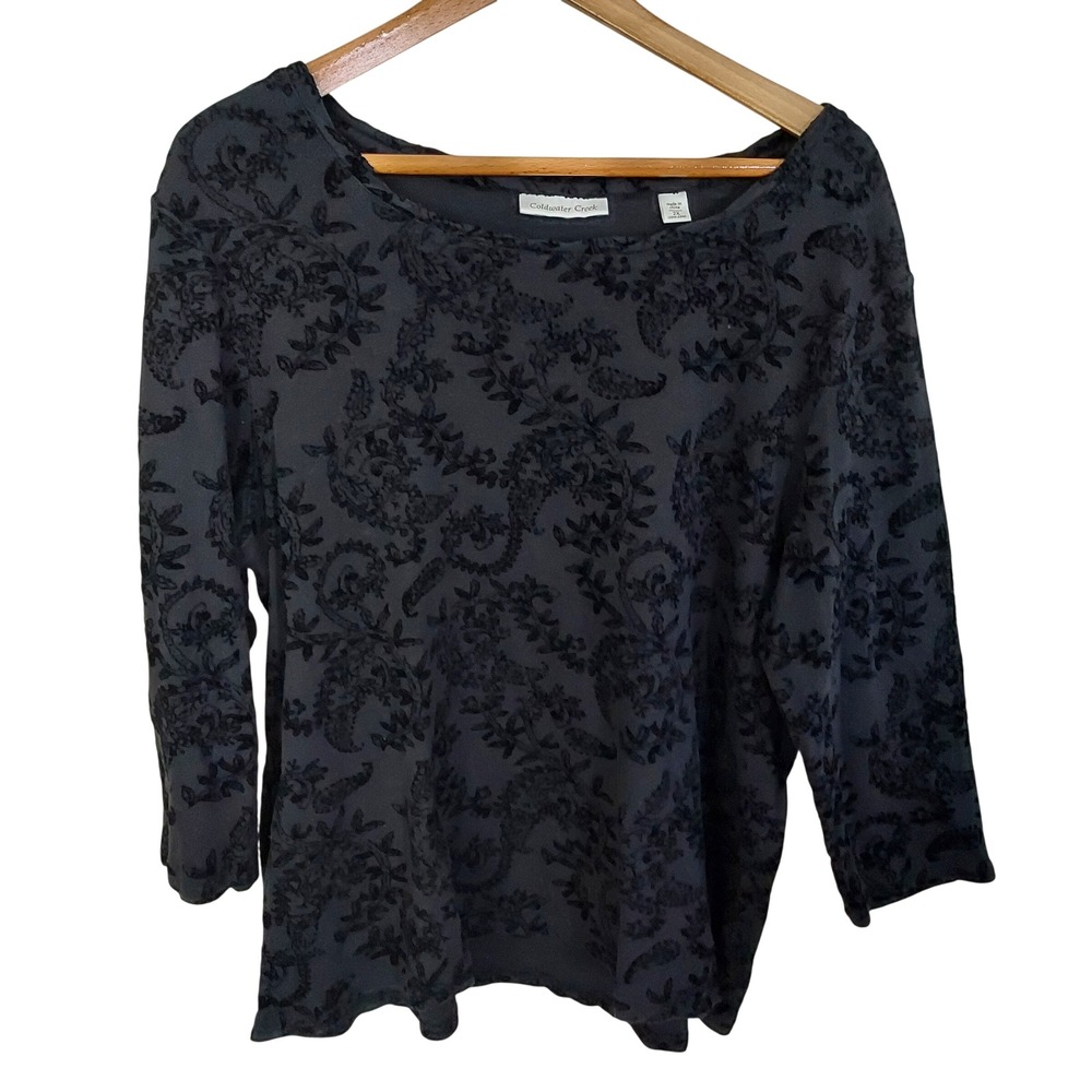 Coldwater Creek 2X Burnout Black Velvet Flocked Paisley Whimsigoth 3/4 Sleeve